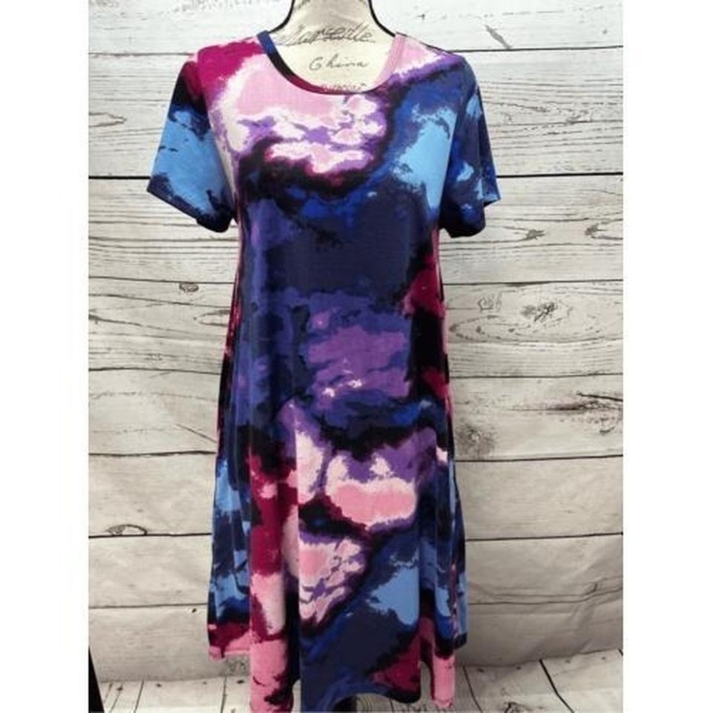 LuLaRoe Women's Small S/S‎ T-Shirt Dress Blue Purple Pink Tie Dye Print Casual